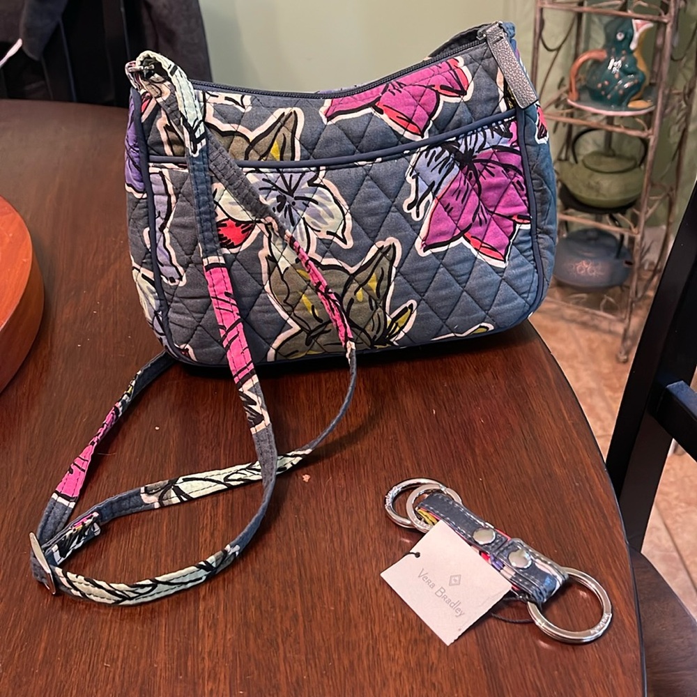 Vera Bradley Falling Flowers Little Crossbody Bag and Matching Keychain Set